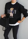 Siyah Teddy Nakış Detay Sweat