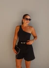 Siyah Tek Omuz Sırt Detay Bodysuit