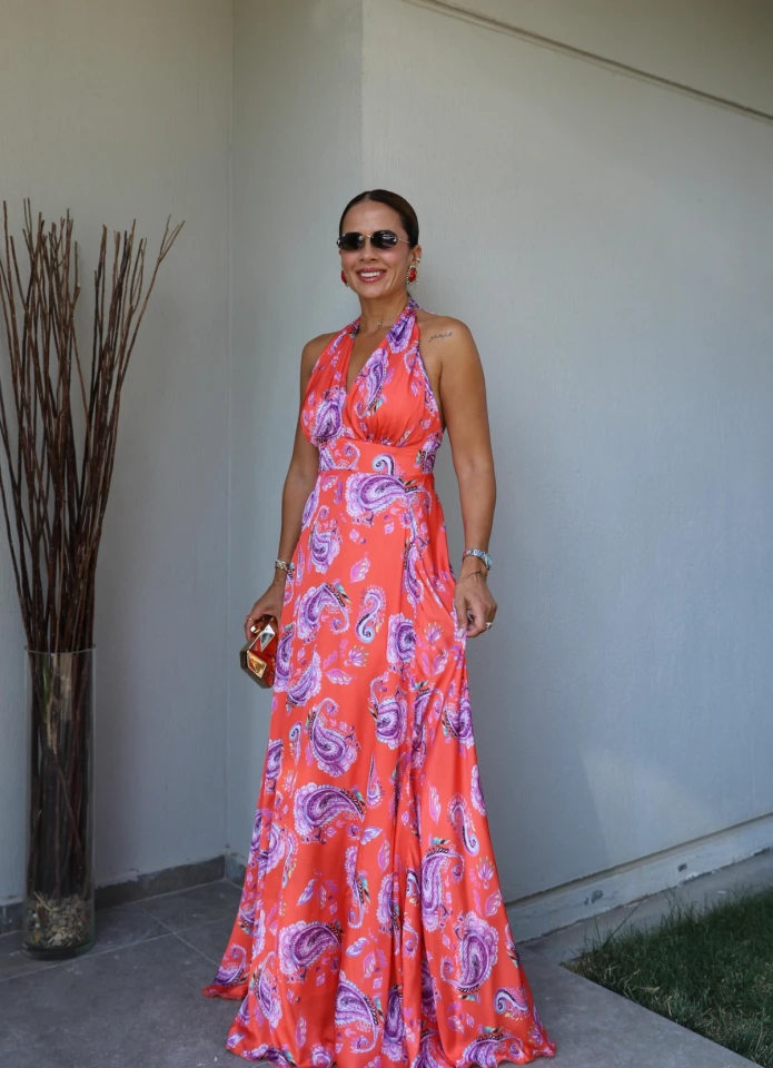 TURUNCU Desenli Boyundan Bağlama Detay Saten Elbise