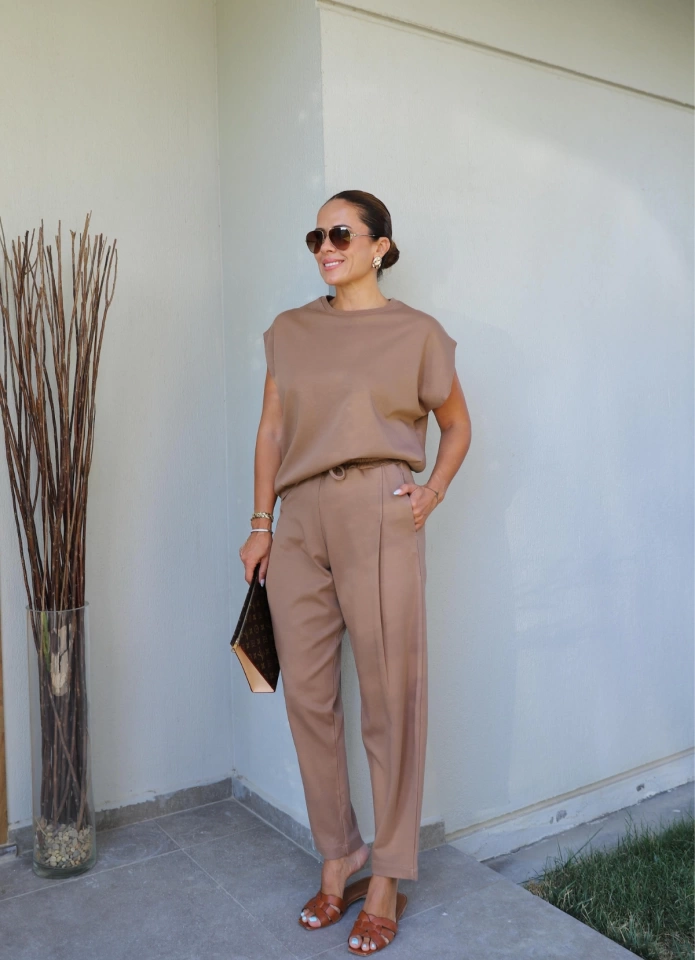 Camel Tek Pile Detay Bluz Pantolon Takım