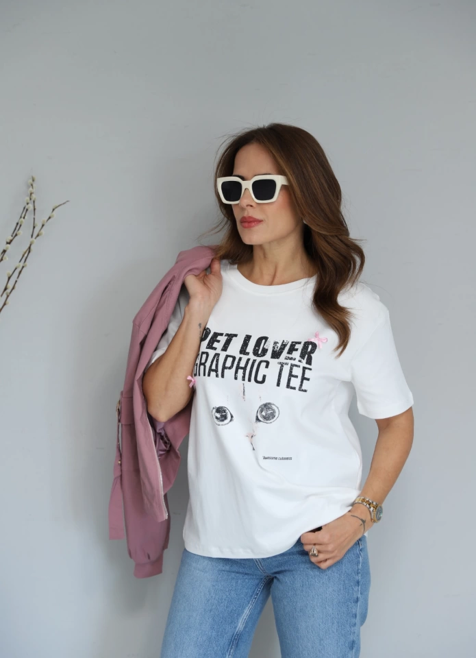 Ekru Baskı Detay Oversize Tshirt