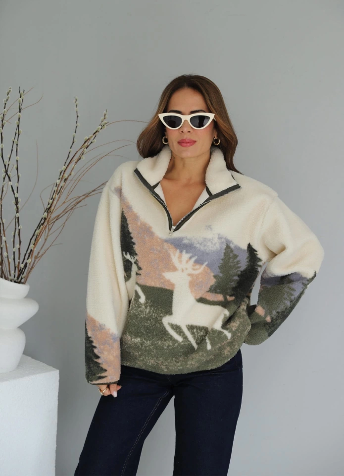 Ekru Desenli Polar Sweat