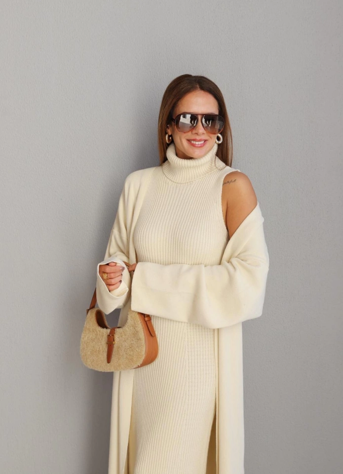 Ekru Triko Elbise Ceket Takım