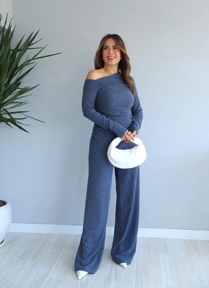 Indigo Düşük Omuz Drape Detay Bluz Pantolon Takım