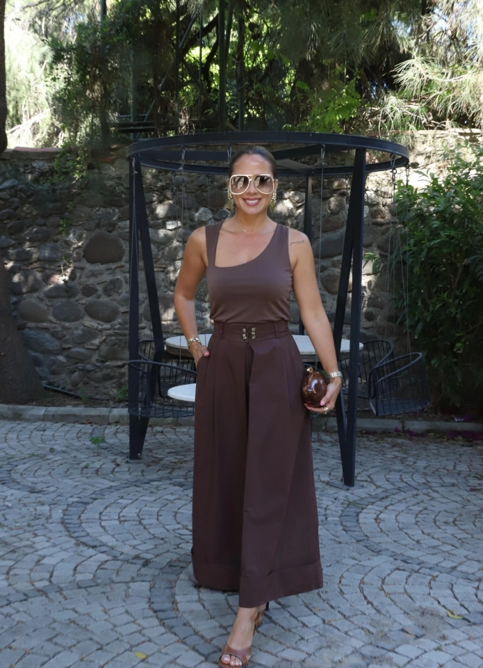 KAHVE Bel Düğme Detay Duble Paça Pantolon