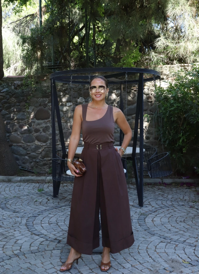 KAHVE Bel Düğme Detay Duble Paça Pantolon