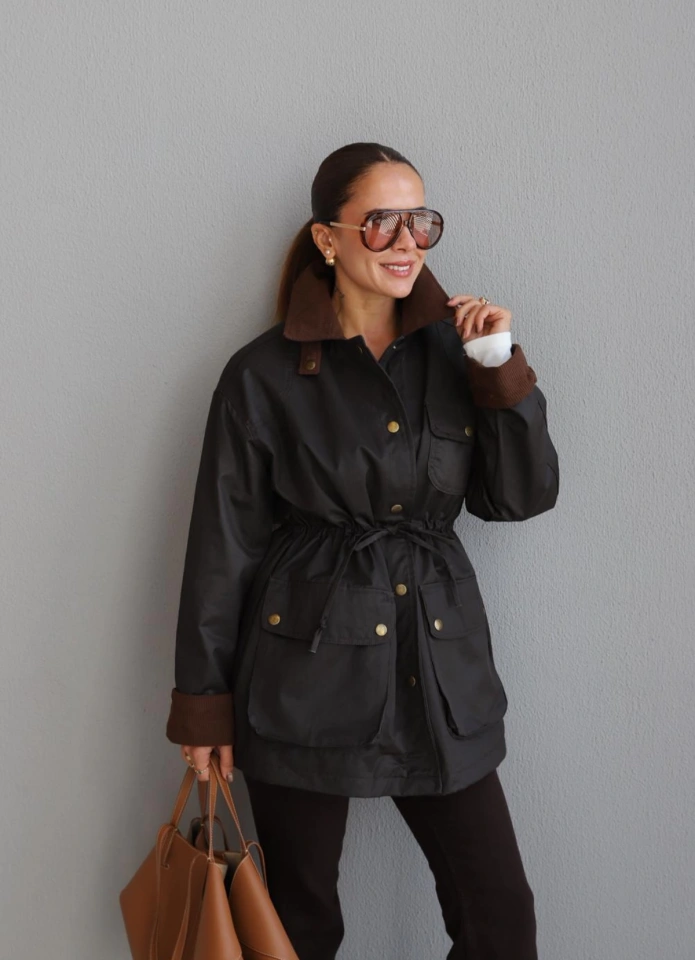 KAHVE Kadife Yaka Bel Detay Ceket