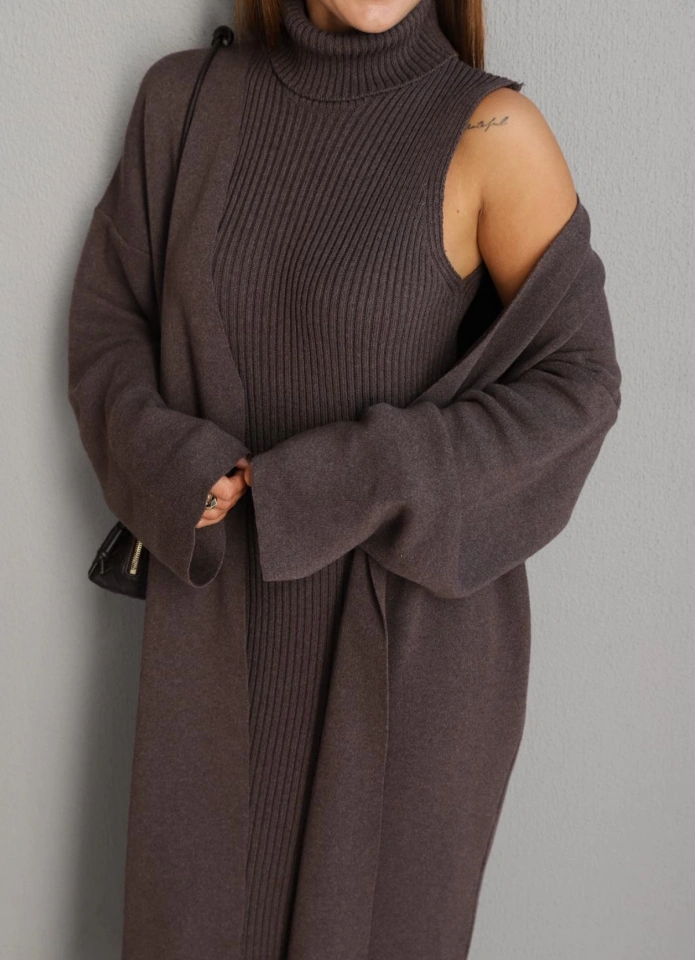 KAHVE Triko Elbise Ceket Takım