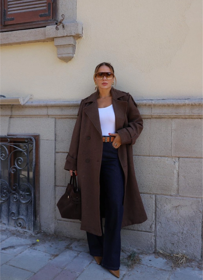 Kahverengi Oversize Kaşe Kaban