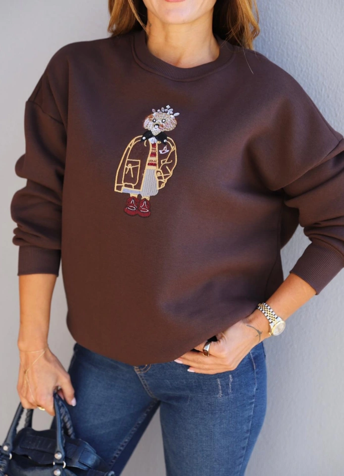 Kahverengi Taşlı Teddy İşleme Detay Sweatshirt