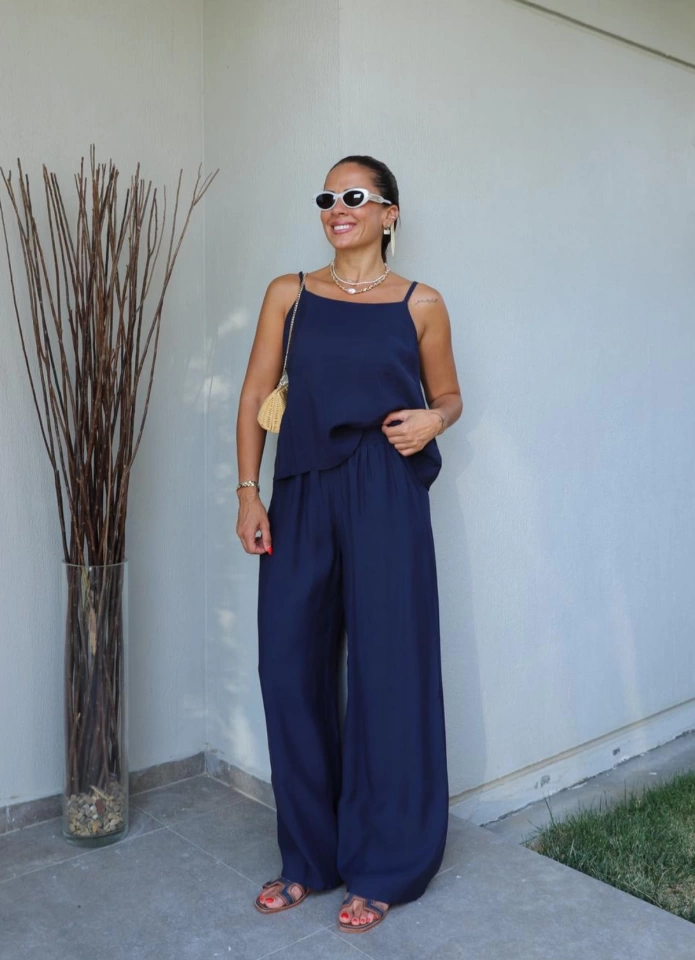Lacivert Askılı Bluz Pantolon Takım