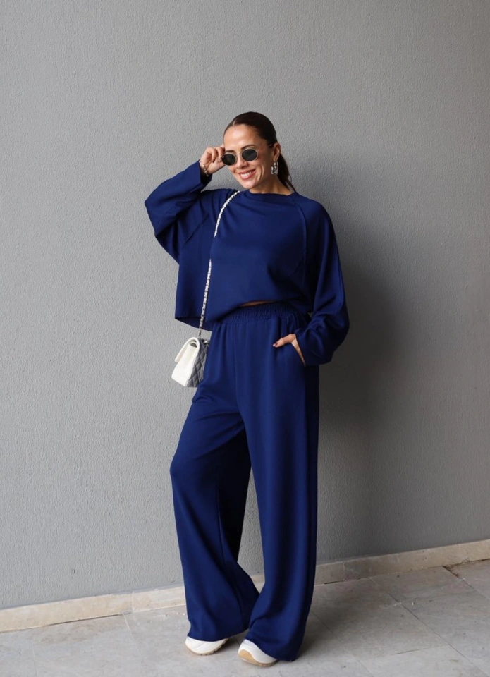 Lacivert Ters Dikiş Bluz Pantolon Takım