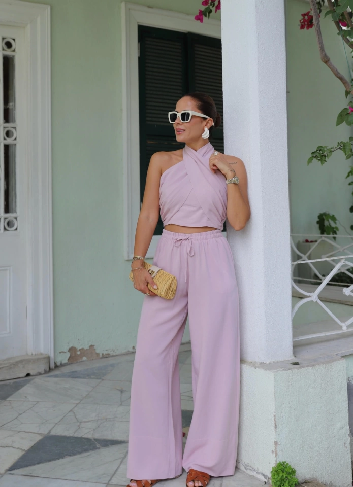 PEMBE Boyundan Geçmeli Bluz Pantolon Takım