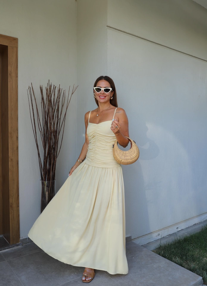 SARI Askılı Drape Detay Maxi Boy Elbise