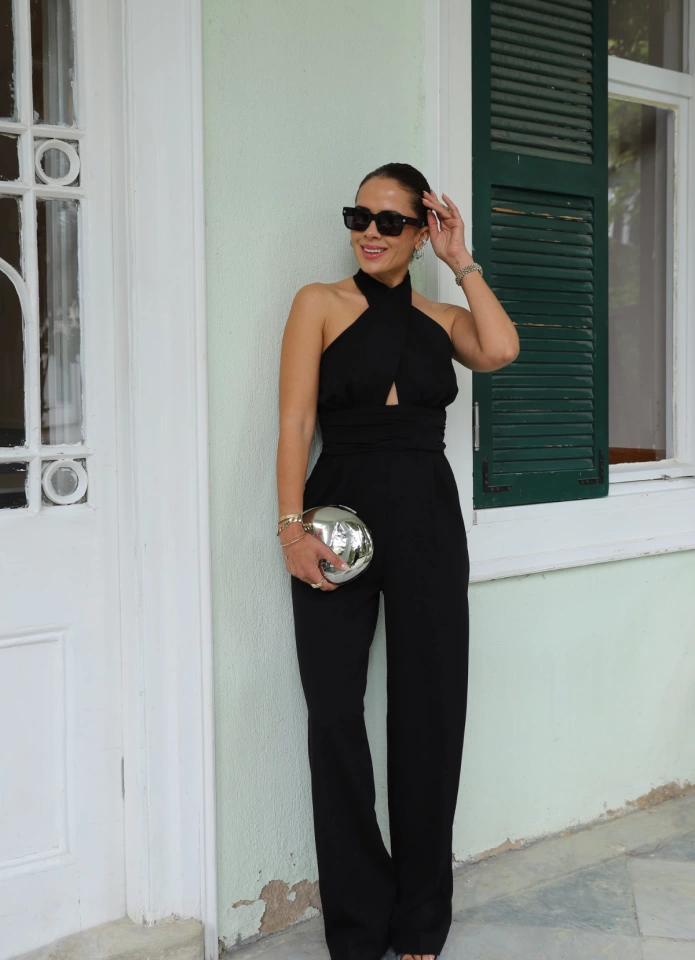 Siyah Çapraz Yaka Detay Sırt Dekolteli Tulum