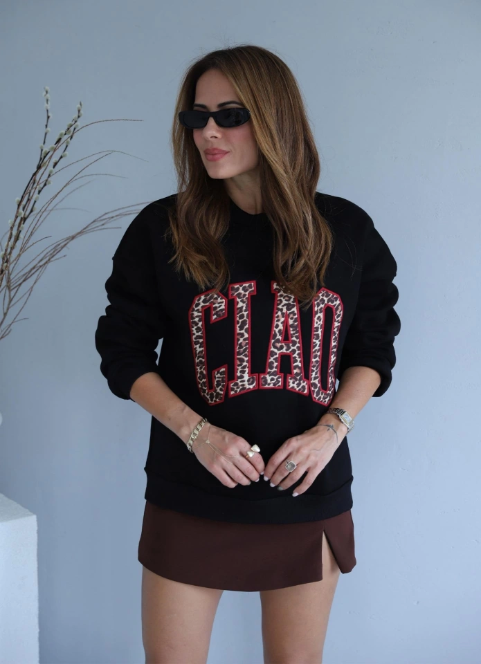 Siyah Leopar Yazı Detay Şardonlu Sweat