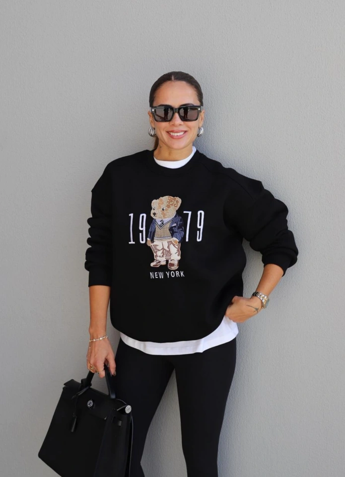 Siyah Teddy Nakış Detay Sweat