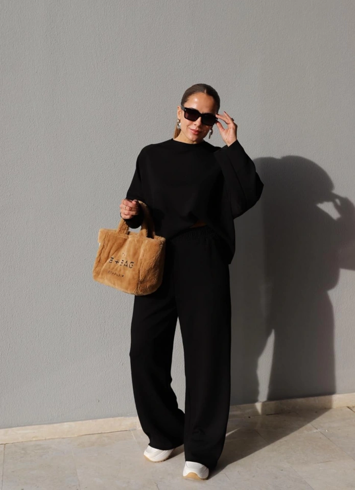 Siyah Ters Dikiş Bluz Pantolon Takım