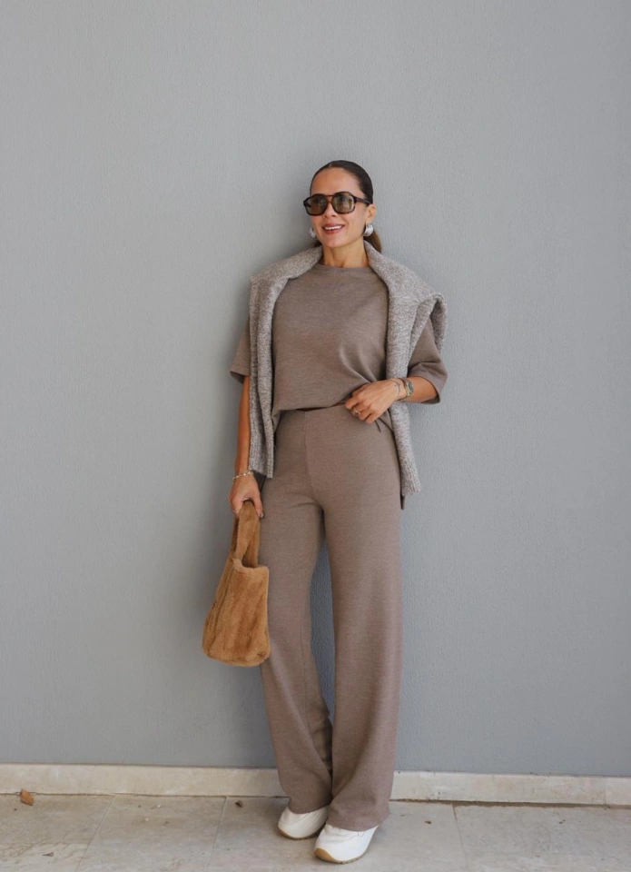 Vizon Yan Yırtmaç Detay Bluz Pantolon Takım