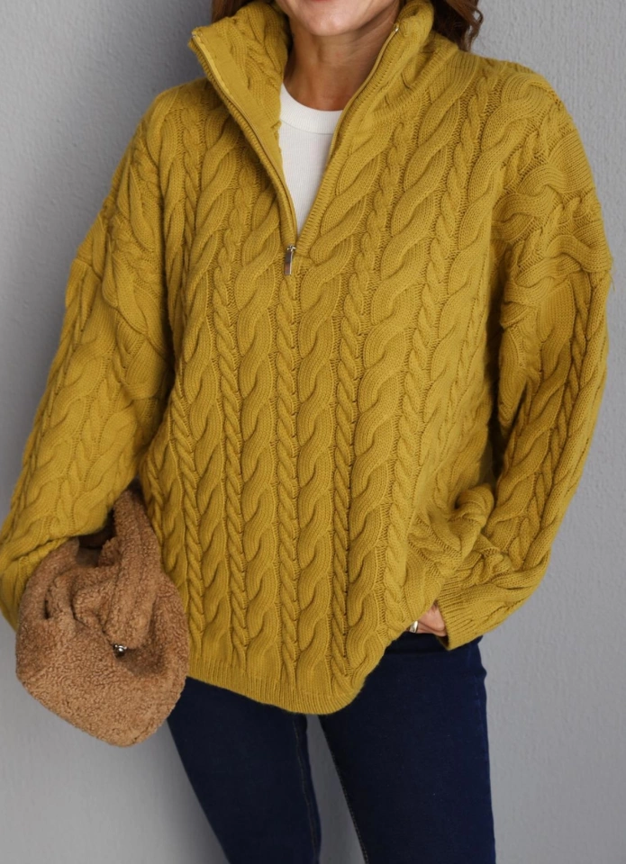 Yağ Yeşili Fermuar Detay Örgü Kazak