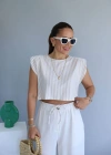 Beige Çizgili Vatkalı Crop Tshirt