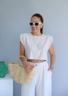 Beige Çizgili Vatkalı Crop Tshirt