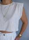 Beige Çizgili Vatkalı Crop Tshirt