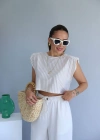 Beige Çizgili Vatkalı Crop Tshirt