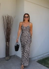 BEJ Askılı Leopar Desen Elbise