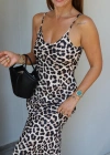 BEJ Askılı Leopar Desen Elbise
