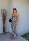 BEJ Askılı Leopar Desen Elbise