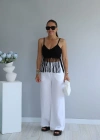 Beyaz Beli Lastikli Ipli Bol Paça Keten Pantolon