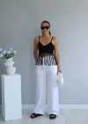 Beyaz Beli Lastikli Ipli Bol Paça Keten Pantolon
