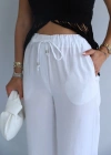 Beyaz Beli Lastikli Ipli Bol Paça Keten Pantolon