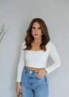 Beyaz Kare Yaka Uzun Kol Crop ( Özel Üretim )