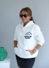 Beyaz Sırt Baskı Detay Kapşonlu Sweat