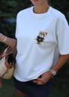 Beyaz Teddy Baskılı Oversıze Tshirt