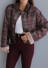 Bordo Kadife Yaka Detay Kareli Ceket