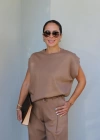 Camel Tek Pile Detay Bluz Pantolon Takım
