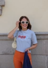 Çizgili Yazı Baskı Detay Crop Tshirt