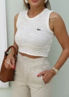 Ekru İşlemeli Crop Triko