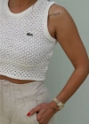 Ekru İşlemeli Crop Triko