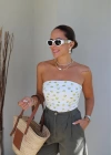 Ekru Limon Desen Straplez Bluz