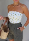 Ekru Limon Desen Straplez Bluz