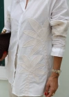 Ekru Nakışlı Oversize Gömlek