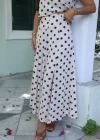 Ekru Puantiye Desen Bluz Etek Takım