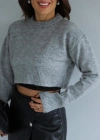 Gri Bisiklet Yaka Crop Kazak