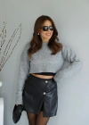 Gri Bisiklet Yaka Crop Kazak