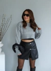 Gri Bisiklet Yaka Crop Kazak