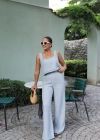 Gri Müslin Crop Pantolon Takım